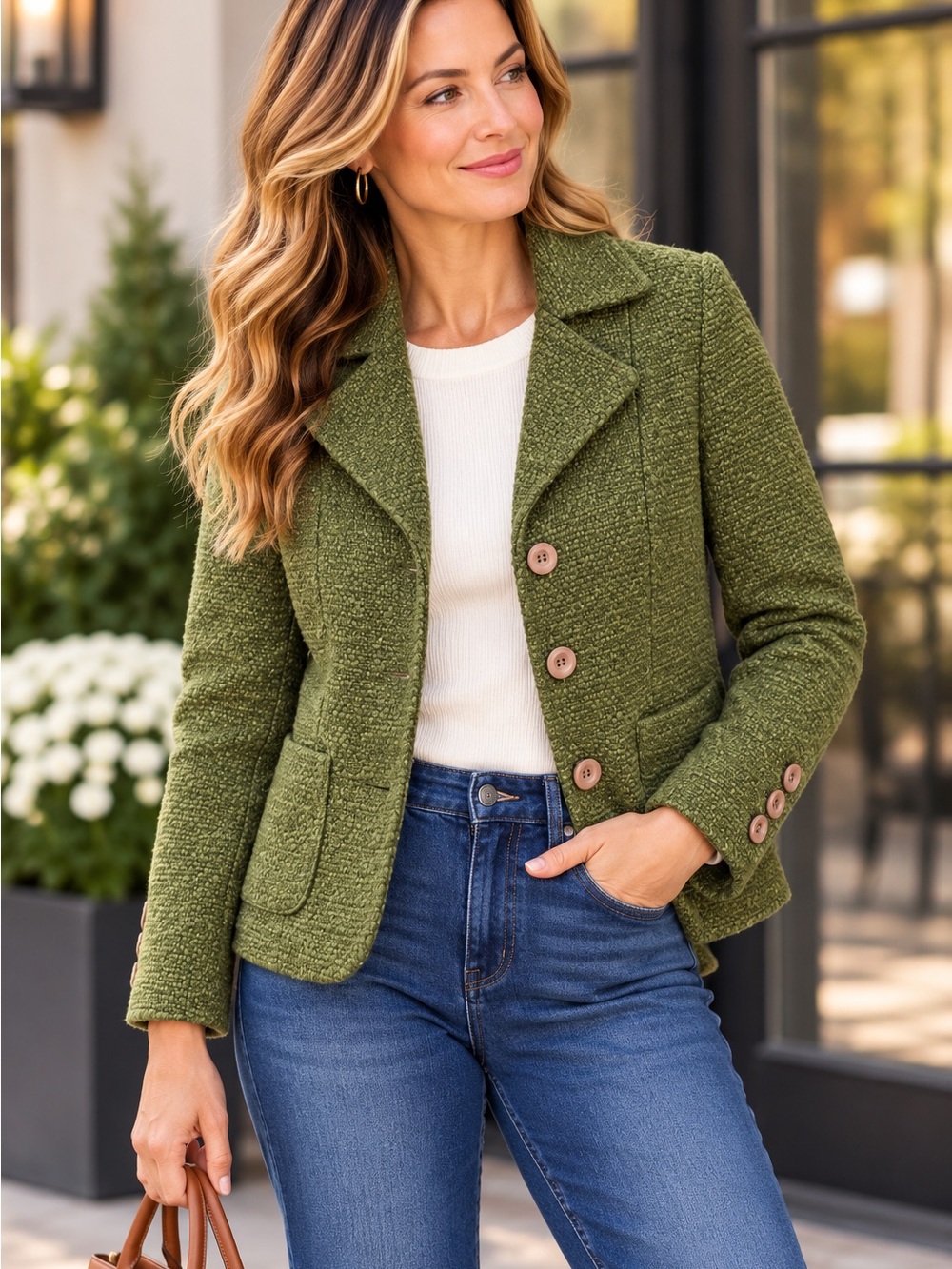 Covington Petite 4P Olive Green Textured Tweed Blazer Jacket